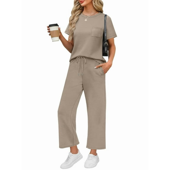 Women'S Leisure Travel Vacation Wear Two-Piece Suit Short Sleeve Wide Leg Pants Casual Suit Khaki L