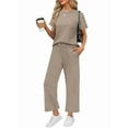 thumbnail image 1 of Women'S Leisure Travel Vacation Wear Two-Piece Suit Short Sleeve Wide Leg Pants Casual Suit Khaki M, 1 of 6