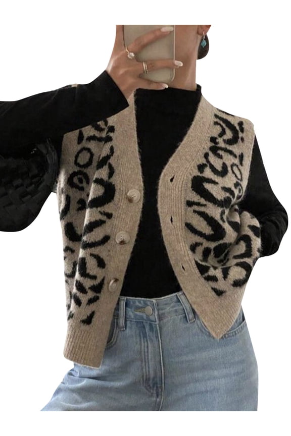 Women'S Leopard Button Up Sweater Vest Cheetah Print Sleeveless Office Knit Trendy Vests Top Khaki M