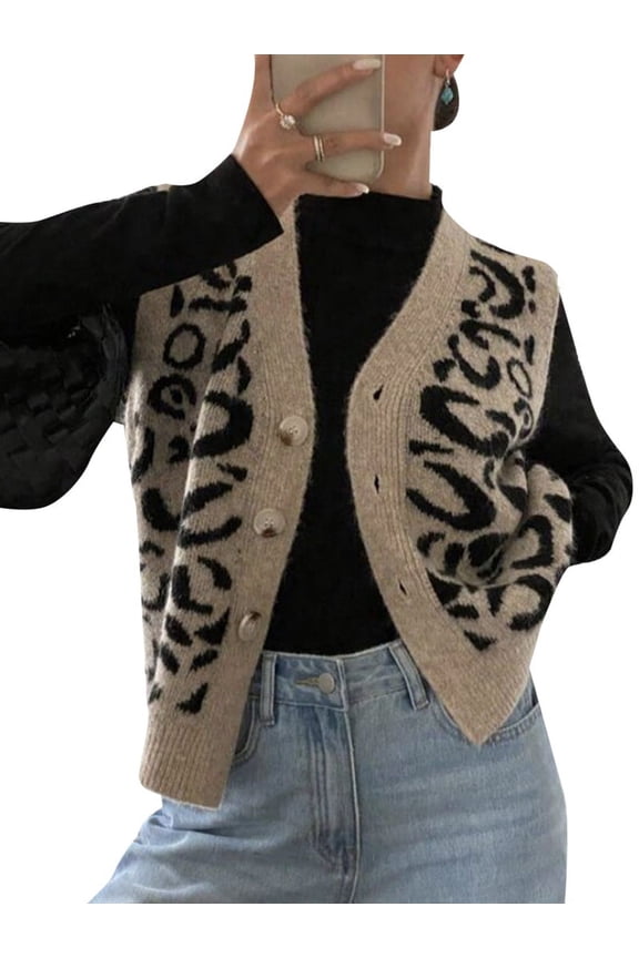 Women'S Leopard Button Up Sweater Vest Cheetah Print Sleeveless Office Knit Trendy Vests Top Khaki S