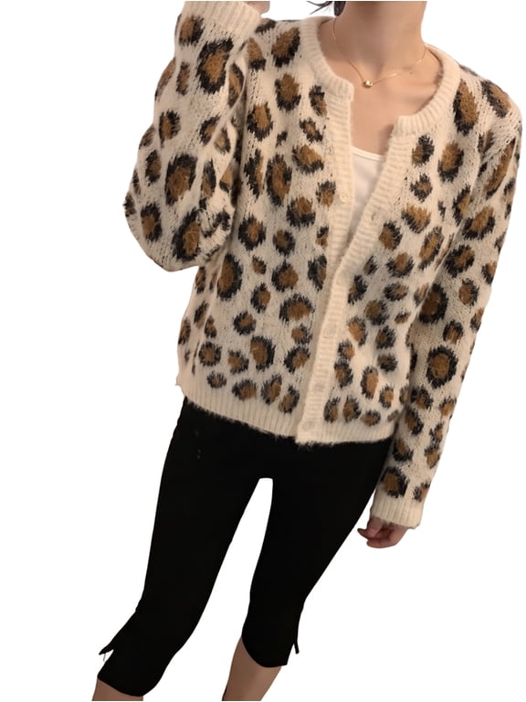 Women'S Leopard Cardigan Sweaters Button Down Long Sleeve Knit Tops Cream White M