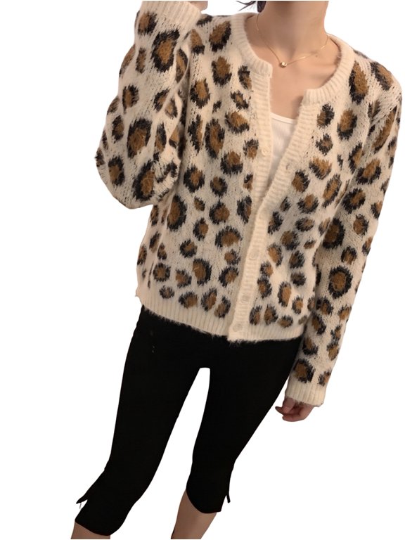 Women'S Leopard Cardigan Sweaters Button Down Long Sleeve Knit Tops Cream White S