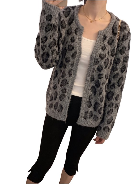 Women'S Leopard Cardigan Sweaters Button Down Long Sleeve Knit Tops Gray L