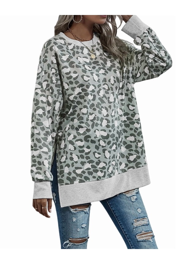 Women'S Leopard Cheetah Print Oversized Sweatshirt Cream White L