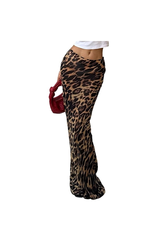 Women'S Leopard Maxi Skirt Mesh See Through Low Waist Y2K Bodycon Skirts Leopard XL