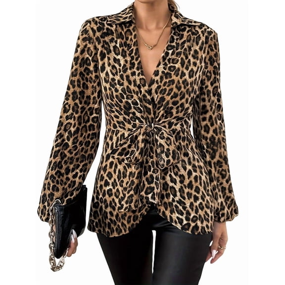 Women'S Leopard Print Blouse Long Sleeve V Neck Tie Front Lapel Collar Top Trendy Blouse Shirt Leopard Print L
