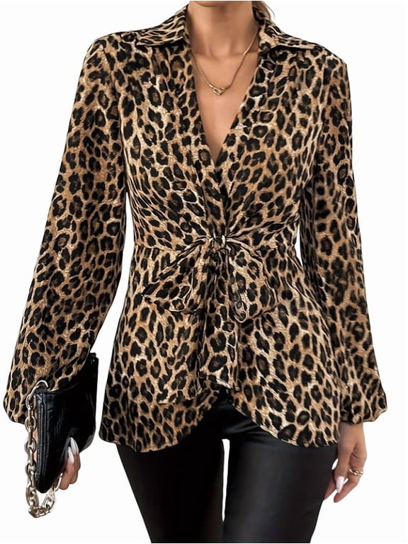 Women'S Leopard Print Blouse Long Sleeve V Neck Tie Front Lapel Collar Top Trendy Blouse Shirt Leopard Print L