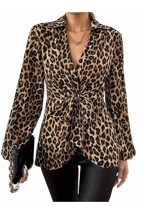 Women'S Leopard Print Blouse Long Sleeve V Neck Tie Front Lapel Collar Top Trendy Blouse Shirt Leopard Print S