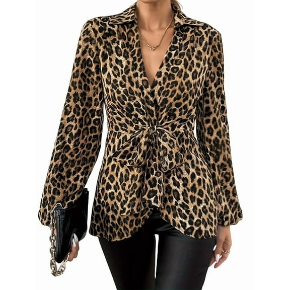 Women'S Leopard Print Blouse Long Sleeve V Neck Tie Front Lapel Collar Top Trendy Blouse Shirt Leopard Print XL