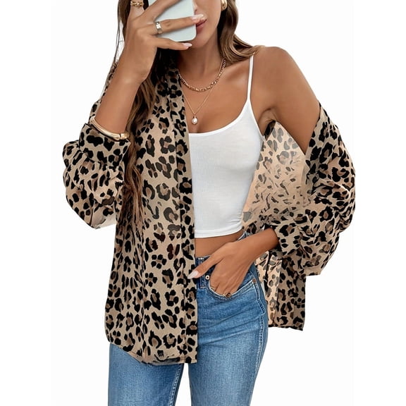 Women'S Leopard Print Button Down Blouse Cheetah Long Sleeve Lapel Collar V Neck Shirt Tops Leopard Print Color S
