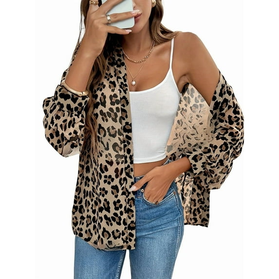 Women'S Leopard Print Button Down Blouse Cheetah Long Sleeve Lapel Collar V Neck Shirt Tops Leopard Print XL