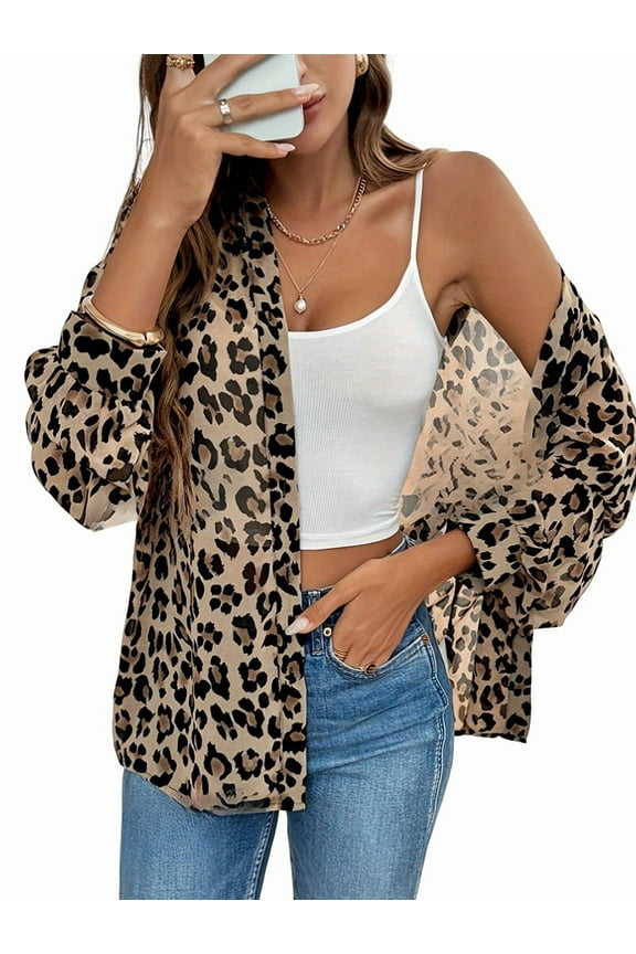 Women'S Leopard Print Button Down Blouse Cheetah Long Sleeve Lapel Collar V Neck Shirt Tops Leopard Print XXL