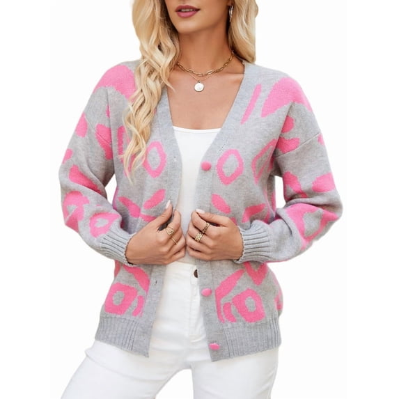 Women'S Leopard Print Cardigan V Neck Long Sleeve Color Block Button Down Sweater Outwear Grey S