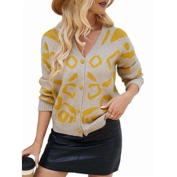 Women'S Leopard Print Cardigan V Neck Long Sleeve Color Block Button Down Sweater Outwear L