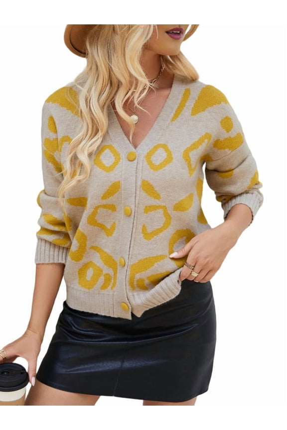 Women'S Leopard Print Cardigan V Neck Long Sleeve Color Block Button Down Sweater Outwear S