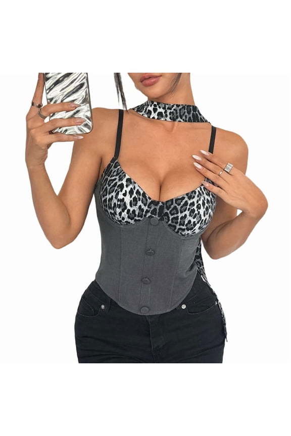 Women'S Leopard Print Contrast Halter Crop Top, Deep V Neck, Button Closure, Sleeveless, Open Back Tank Top Grey L