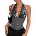 thumbnail image 1 of Women'S Leopard Print Contrast Halter Crop Top, Deep V Neck, Button Closure, Sleeveless, Open Back Tank Top Grey M, 1 of 8