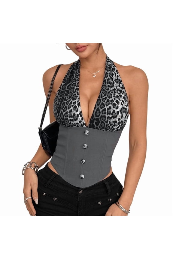 Women'S Leopard Print Contrast Halter Crop Top, Deep V Neck, Button Closure, Sleeveless, Open Back Tank Top Grey S