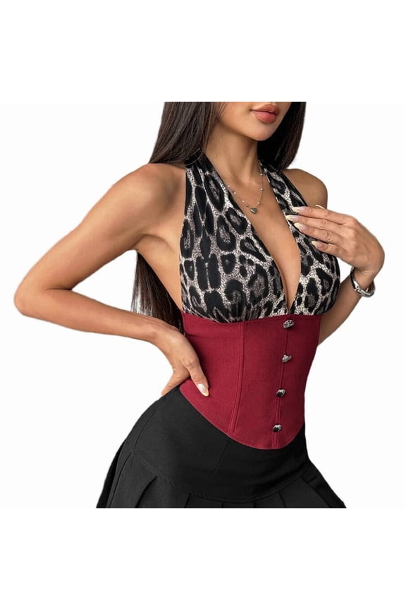 Women'S Leopard Print Contrast Halter Crop Top, Deep V Neck, Button Closure, Sleeveless, Open Back Tank Top Wine Red M