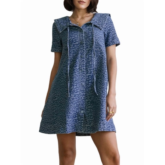 Women'S Leopard Print Denim Dress Short Sleeve Sailor Collar Button Down A Line Mini Casual Dress Blue M