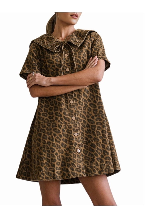 Women'S Leopard Print Denim Dress Short Sleeve Sailor Collar Button Down A Line Mini Casual Dress Dark Brown L