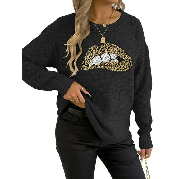 Women'S Leopard Print Lips Embroidered Personalized Round Neck Pullover Sweater Black M