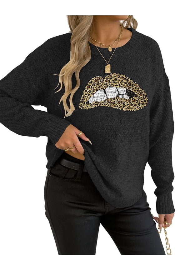 Women'S Leopard Print Lips Embroidered Personalized Round Neck Pullover Sweater Black XL