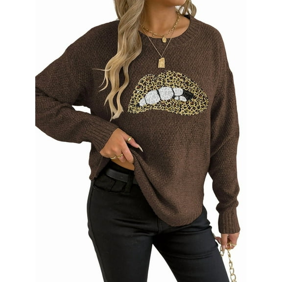 Women'S Leopard Print Lips Embroidered Personalized Round Neck Pullover Sweater Coffee L