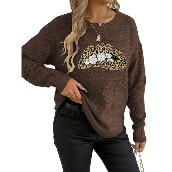 Women'S Leopard Print Lips Embroidered Personalized Round Neck Pullover Sweater Coffee M