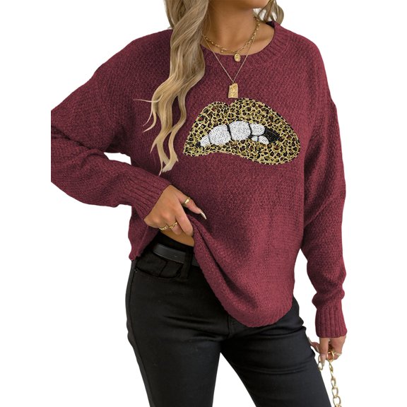 Women'S Leopard Print Lips Embroidered Personalized Round Neck Pullover Sweater Wine Red M