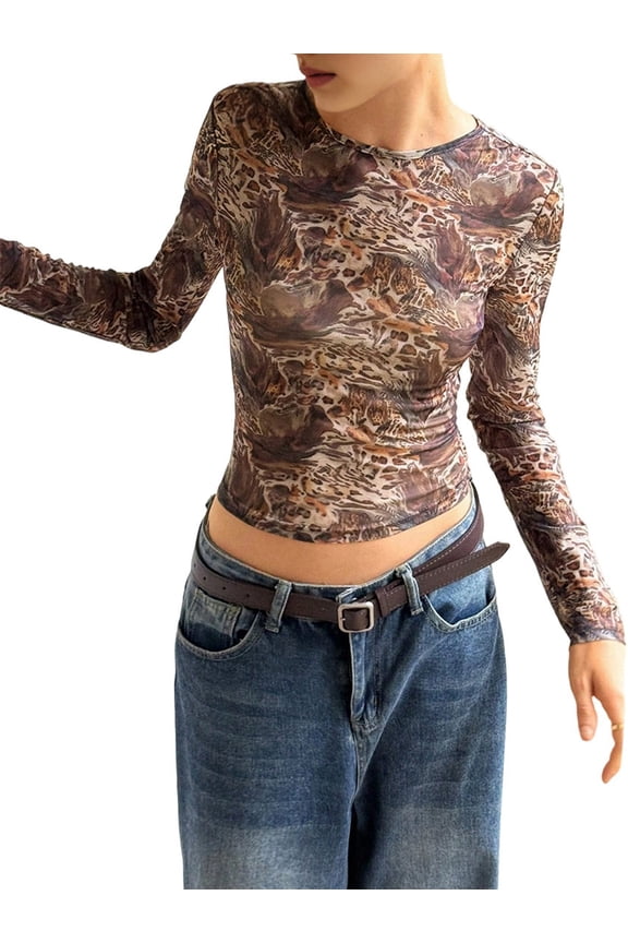 Women'S Leopard Print Mesh Top Long Sleeve Crew Neck Slim Fit Party Club Sheer T Shirt Top Flower Color XXL