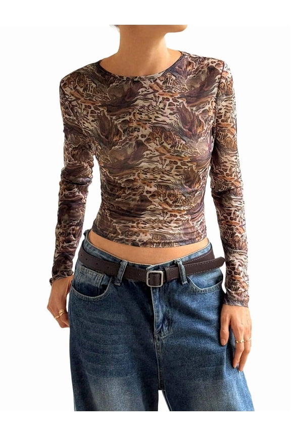 Women'S Leopard Print Mesh Top Long Sleeve Crew Neck Slim Fit Party Club Sheer T Shirt Top Flower Color XXL