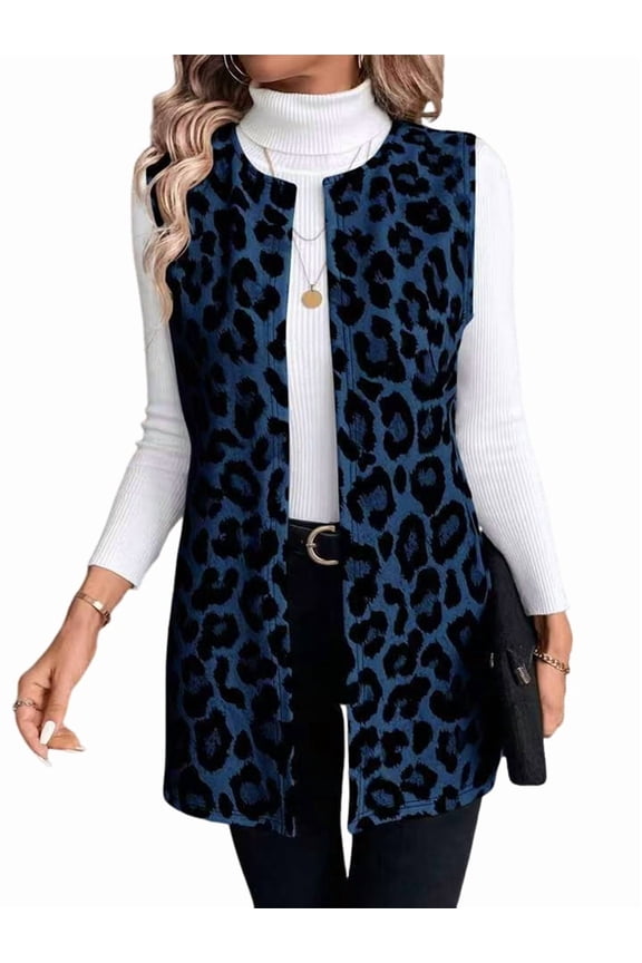 Women'S Leopard Print Open Front Vest Outerwear Sleeveless Vintage Jacket Coat Dark Blue XXL
