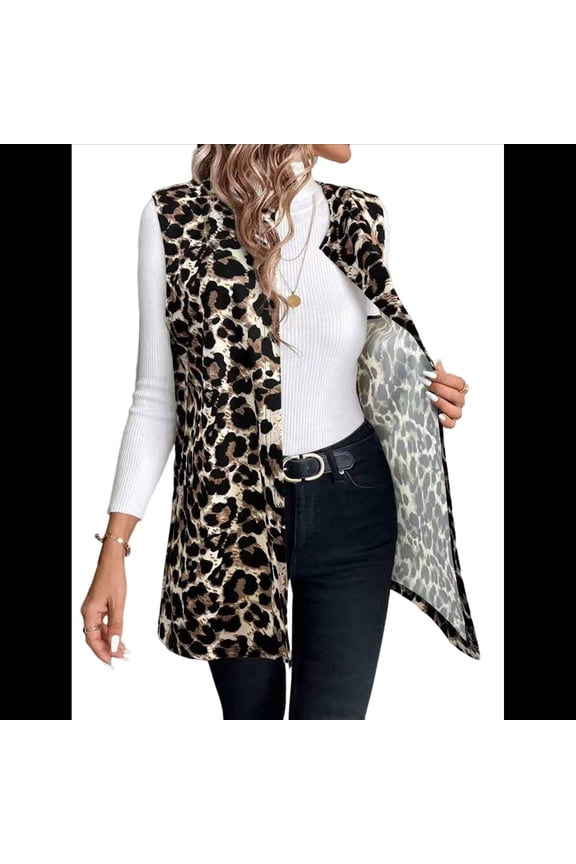 Women'S Leopard Print Open Front Vest Outerwear Sleeveless Vintage Jacket Coat Khaki L