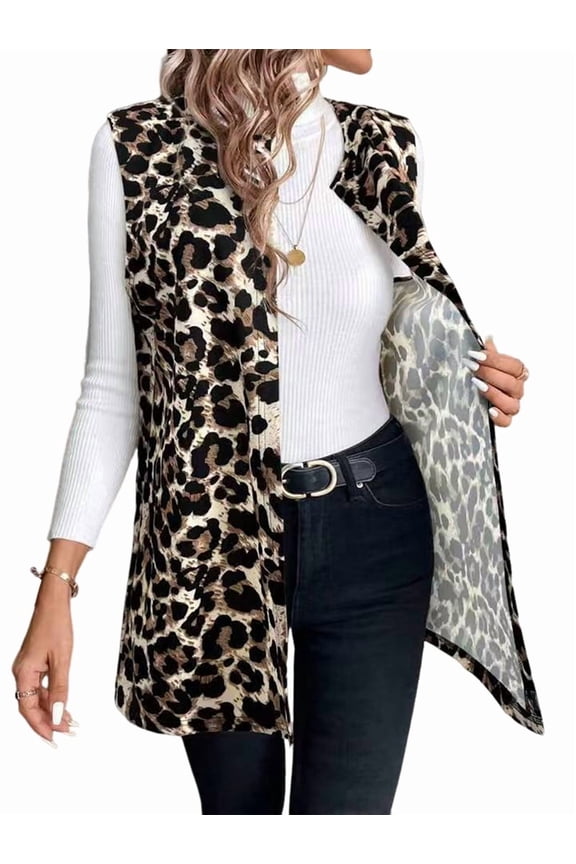 Women'S Leopard Print Open Front Vest Outerwear Sleeveless Vintage Jacket Coat Khaki XXL