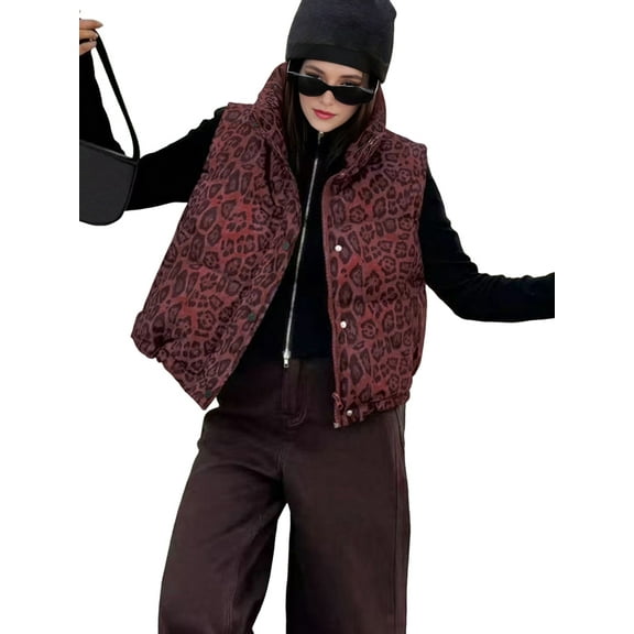 Women'S Leopard Print Quilted Puffer Vest Zip Front Sleeveless Jacket Warm Casual Outerwear Deep Red S
