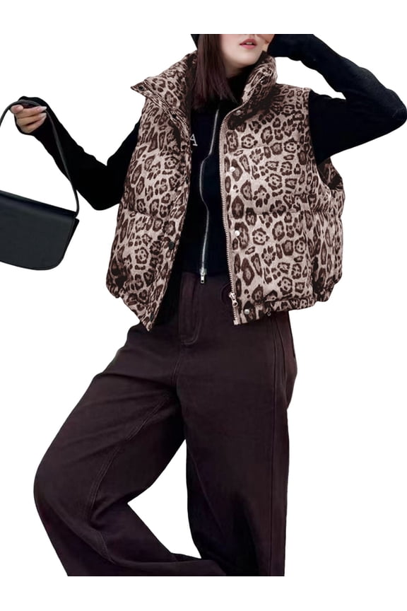 Women'S Leopard Print Quilted Puffer Vest Zip Front Sleeveless Jacket Warm Casual Outerwear Khaki L