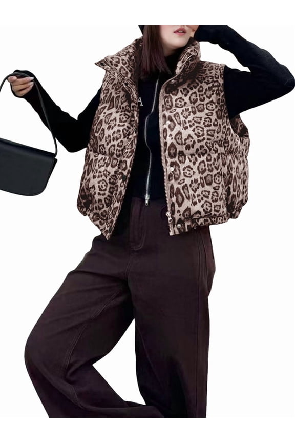 Women'S Leopard Print Quilted Puffer Vest Zip Front Sleeveless Jacket Warm Casual Outerwear Khaki L