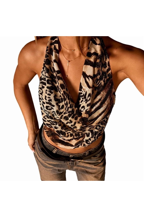 Women'S Leopard Print Ruched Halter Crop Tops V Neck Tie Back Sleeveless Slim Fit Tops L