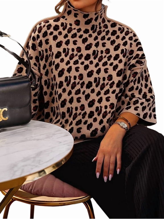 Women'S Leopard Print Sweater Mock Neck 3/4 Bell Sleeve Pullover Loose Fall Winter Knit Top Khaki M