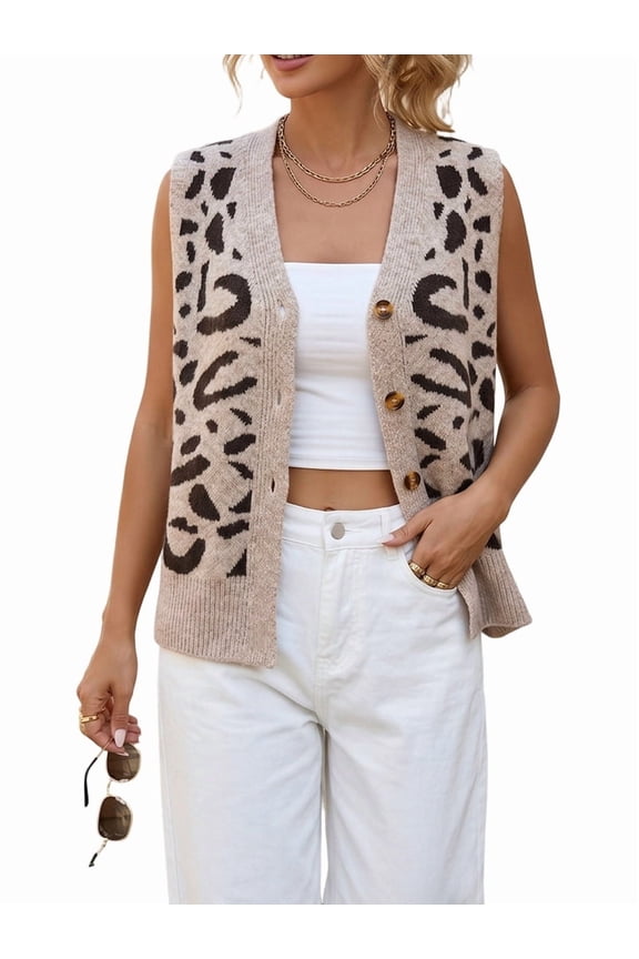 Women'S Leopard Print V-Neck Button Down Knit Vest Cardigan Khaki One size