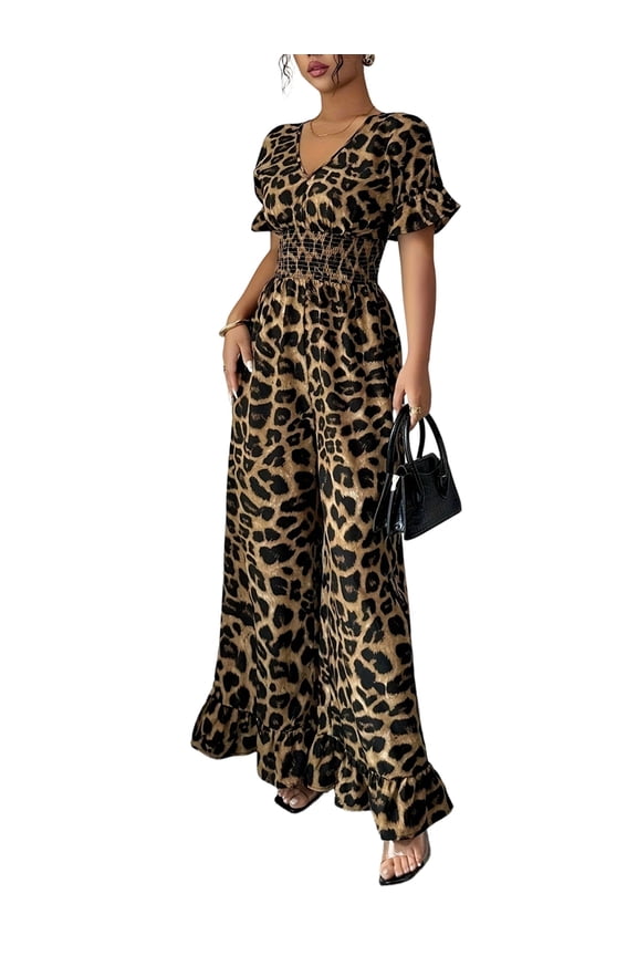 Women'S Leopard Print Wide Leg Jumpsuit for Evening Parties and Night Outs Dark Brown M