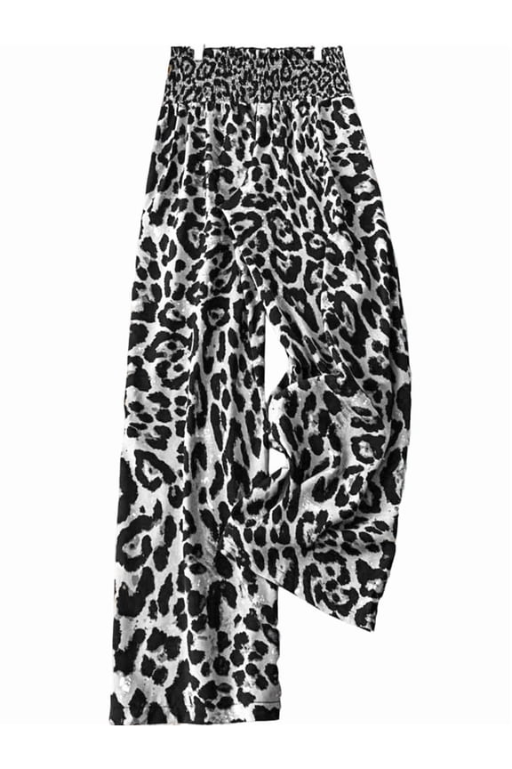 Women'S Leopard Print Wide Leg Pants Elastic Waist Casual Loose Fit Trousers Fashion Lounge Gray Leopard Print S