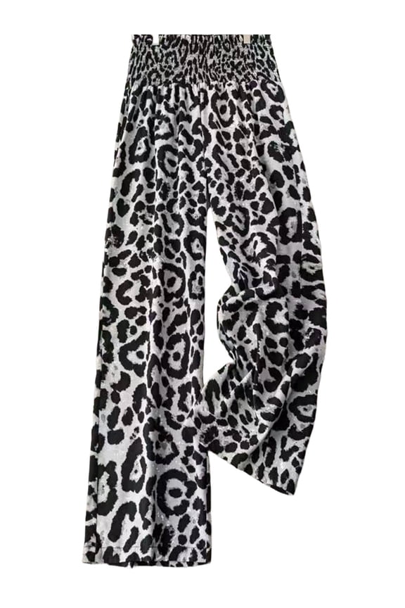 Women'S Leopard Print Wide Leg Pants Elastic Waist Casual Loose Fit Trousers Fashion Lounge Gray Leopard Print S