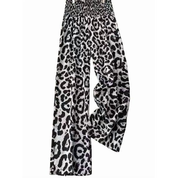 Women'S Leopard Print Wide Leg Pants Elastic Waist Casual Loose Fit Trousers Fashion Lounge Gray Leopard Print XL