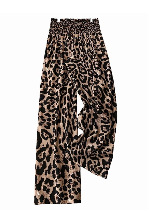 Women'S Leopard Print Wide Leg Pants Elastic Waist Casual Loose Fit Trousers Fashion Lounge L