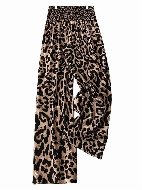 Women'S Leopard Print Wide Leg Pants Elastic Waist Casual Loose Fit Trousers Fashion Lounge XL