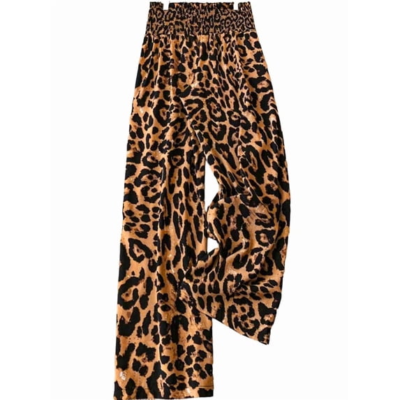 Women'S Leopard Print Wide Leg Pants Elastic Waist Casual Loose Fit Trousers Fashion Lounge Yellow Leopard M