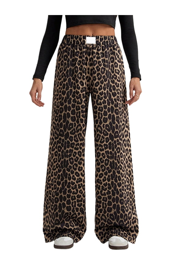 Women'S Leopard Print Wide-Leg Pants Elastic Waist Y2K Trousers Bottoms Wide-Leg Pants S