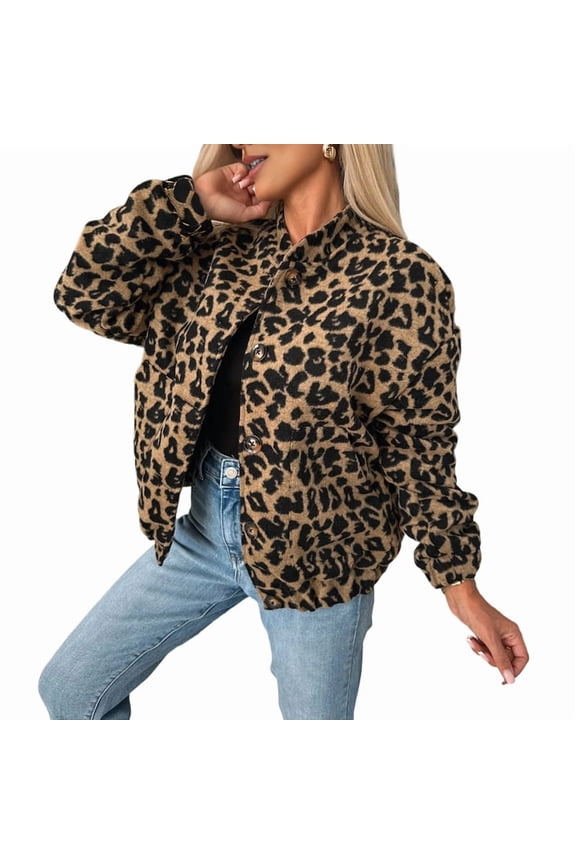 Women'S Leopard Print Wool Coat Button Down Stand Collar Jacket with Pockets Leopard Print S